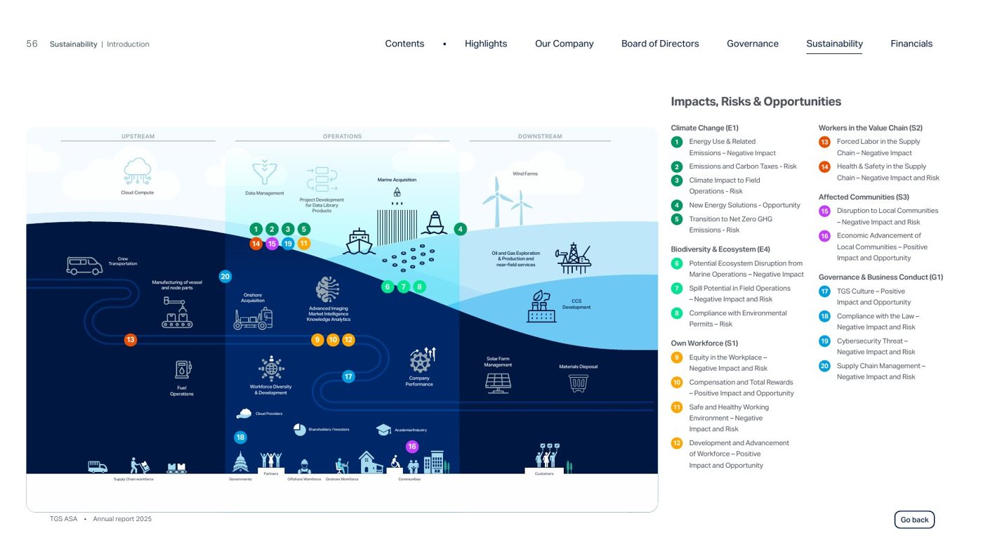 TGS 2025 report spread with an impacts, risks and opportunities infographic