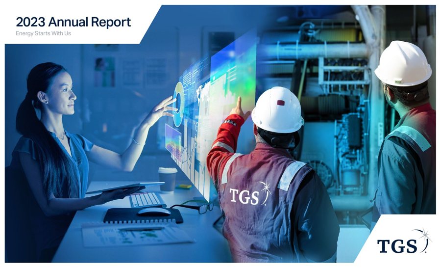 TGS 2023 Annual and Sustainability Report cover with engineers reviewing data